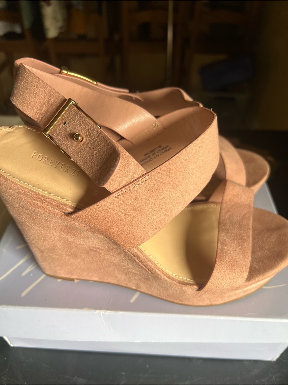 Forever 21 Blush Pink Suede Wedge Sandals with Gold Buckle